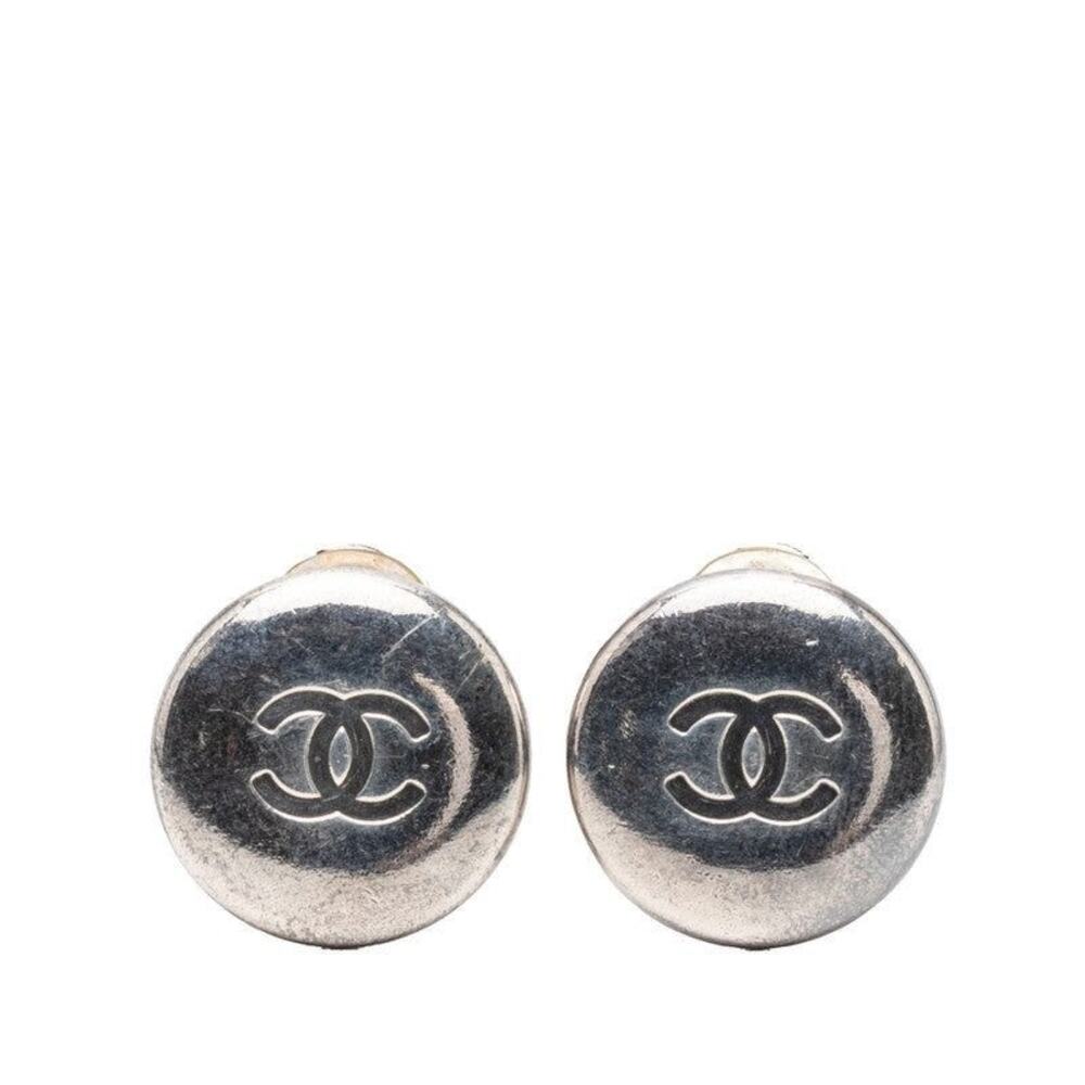 Chanel CC Logo Vintage Metal Earrings Silver
